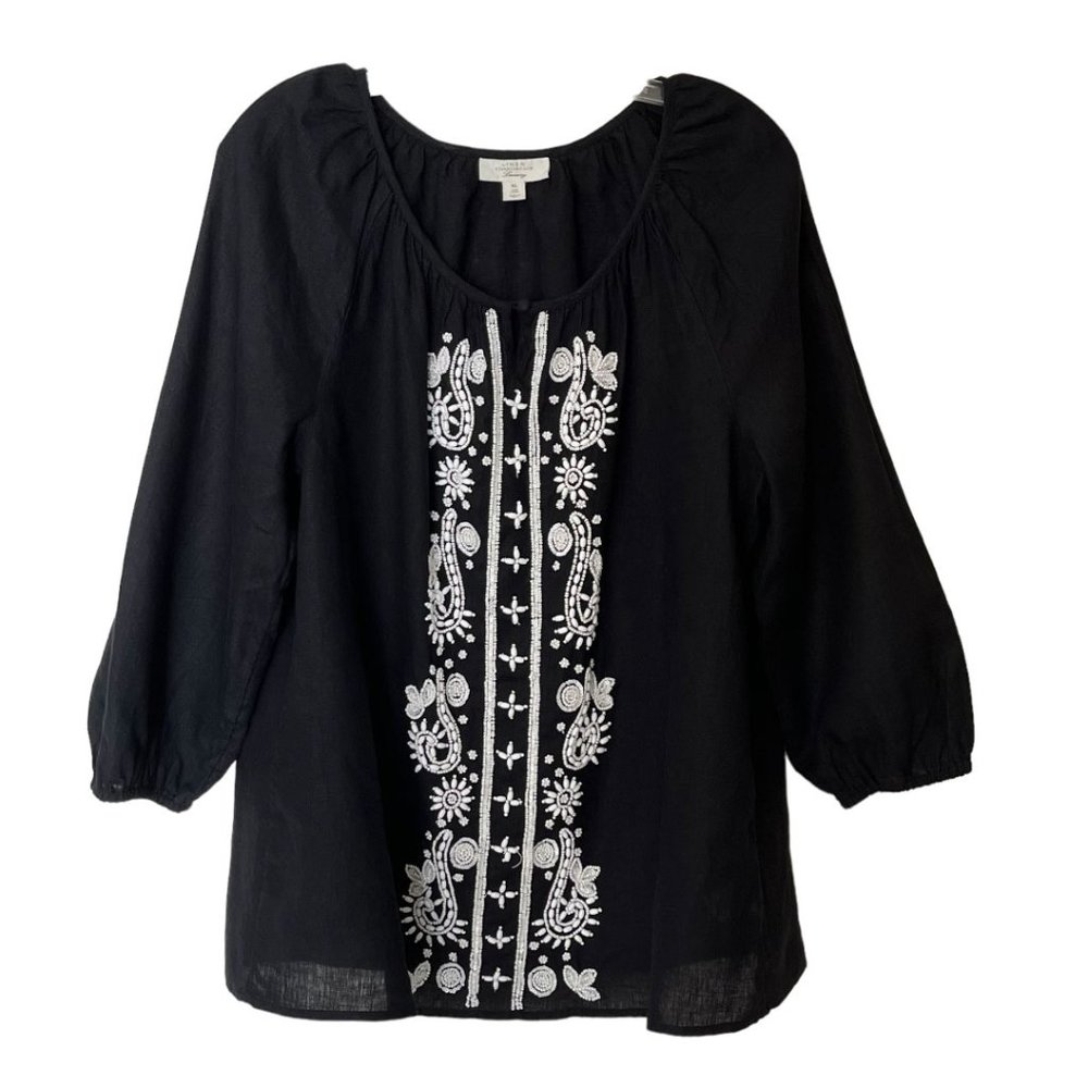 Charter Club Luxury Linen Embellished Peasant Top